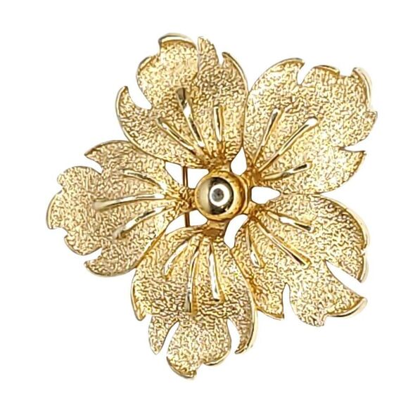 Vintage Flower Brooch Floral Goldtone Textured Metal 2 1/4" - Picture 1 of 3